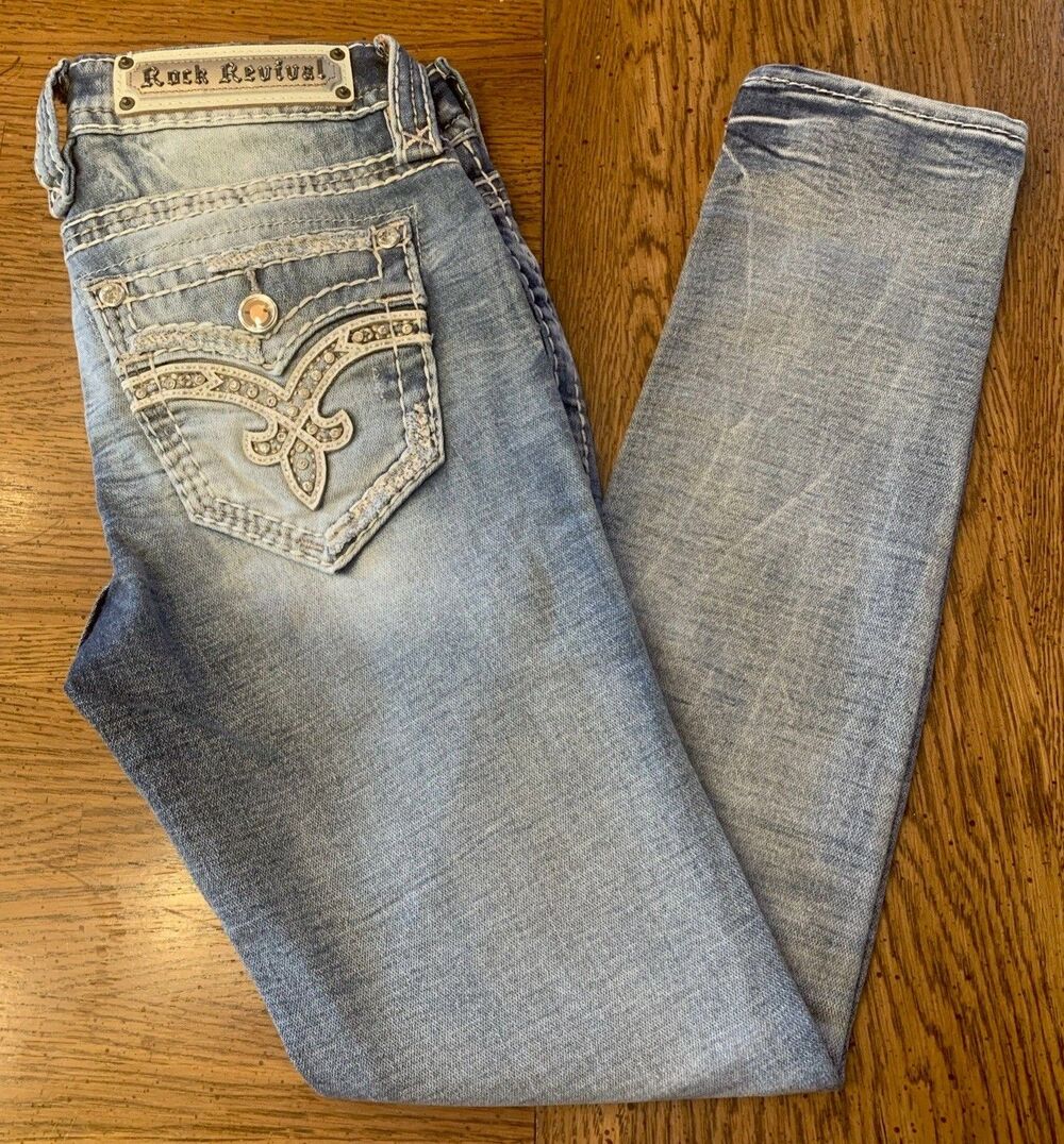 $169 Rock Revival Women's 28" Waist Denim Jeans Ankle Stretch Blingy Unique